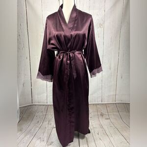 Dark Burgundy Wine Long Robe with Lace Trim